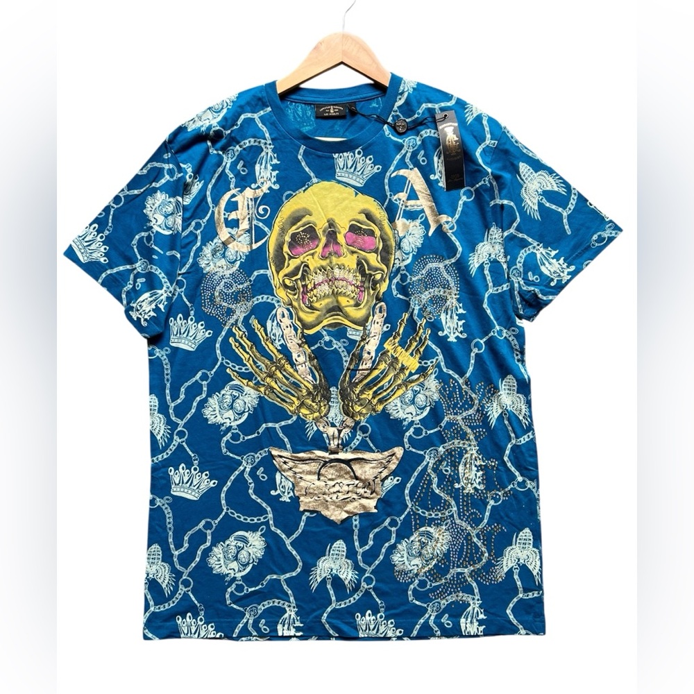 NEW Christian Audigier Vintage Short Sleeve T Shirt XL Rhinestone Skull Blue Tee